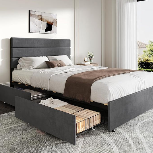 WLIVE Full Size Upholstered Bed Frame with 4 Drawers and Velvet Square Tufted Headboard, Sturdy Metal & Wooden Slats Support, No Box Spring Needed, Easy Assembly, Dark Grey