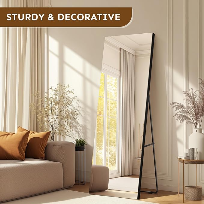 56x18 Frameless Full Length Silver Coating Mirror w/Distortion Free, HD Reflection &Anti Desilvering, Tempered Glass & Shatter Proof Film Doubling Safety, Easy Setup w/Stand, Wall/Standing