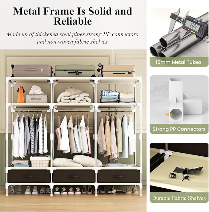 Portable Amories Closet Wardrobe with Non Woven Fabric Cover,59 Inch Large Metal Clothes Rack Storage Closet with 3 Hanging Rods,3 Drawers and 3 Storage Shelves,Brown,for Small Room