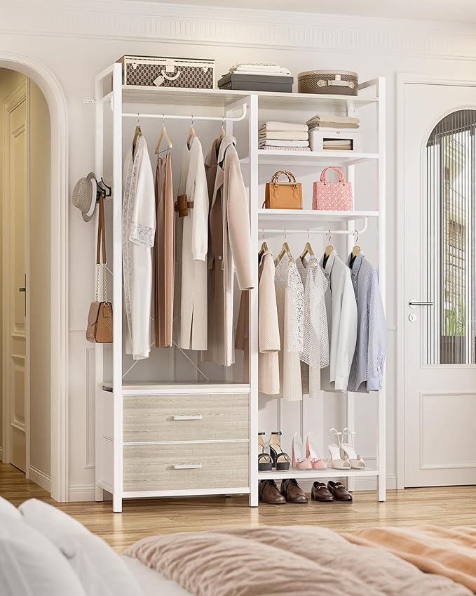 78.7'' Clothes Rack for Hanging Clothes - Reversible Clothing Rack with 2 Drawers, Heavy Duty Garment Racks with Shelves, 6 Tiers Freestanding Closet Wardrobe System with Hanging Hooks, White Oak