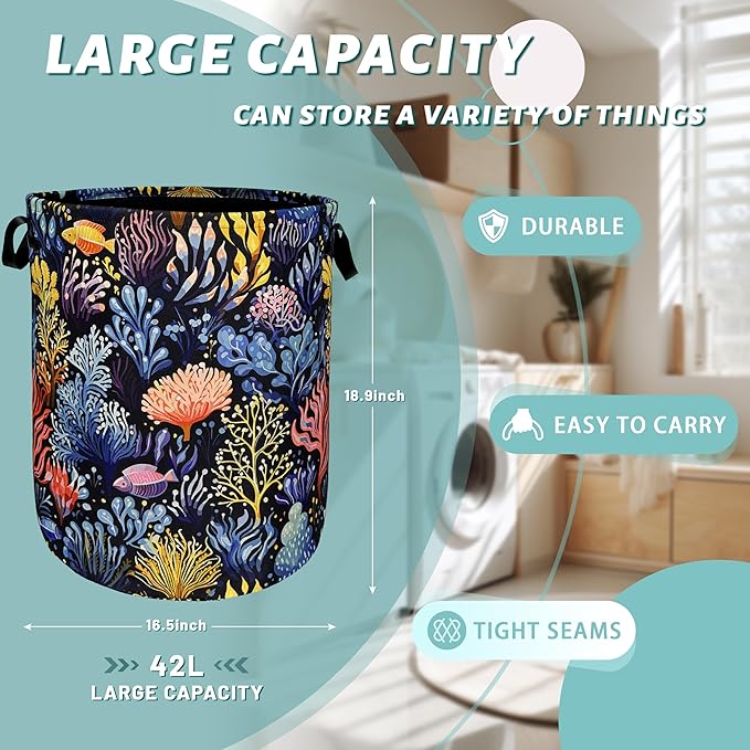 Colorful Coral Laundry Basket Foldable With Handles Tote Bag Oxford Cloth Marine Life Funny Laundry Hamper 18.9" x 16.5" Clothes Storage Bucket Toy Organizer For Bathroom/Laundry/Bedroom