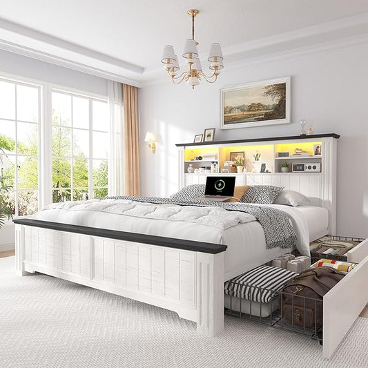 EnHomee Full Size Bed Frame with Headboard and Storage, 4 Drawers and LED Built in Charging Station Full Bed Frame with Storage Farmhouse,NO Noise,No Box Spring Needed,White
