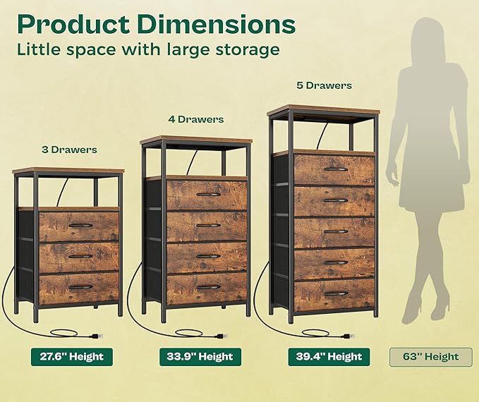 Huuger 5 Drawers Dresser with Charging Station, Dresser for Bedroom, Tall Night Stand, Chest of Drawers with Open Shelf, Bedside Table Nightstand, Fabric, for Entryway, Rustic Brown