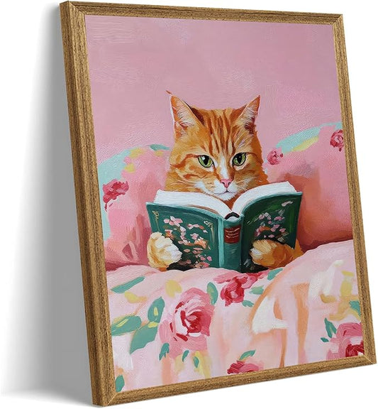 Framed Vintage Cat Canvas Wall Art, Funny Pink Animal Reading Books Painting Picture Print, Cute Kitten Lovers Aesthetic Wall Decor for Nursery Girls Room Bedroom Kids Room 10''L x 8''W