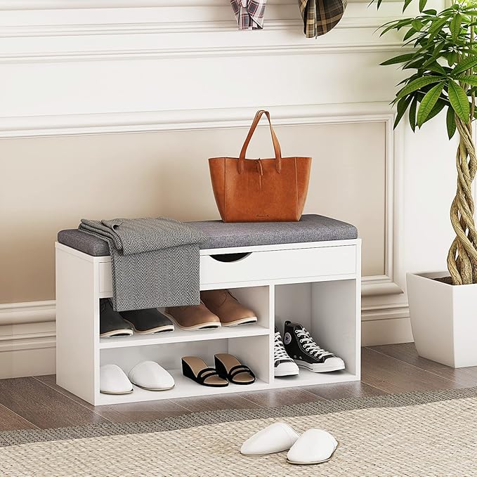 WelFurGeer Shoe Bench with Storage, White Shoe Storage Bench, Entryway Bench with Storage, Entryway Shoe Storage Bench White + Gray