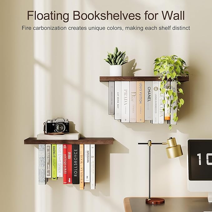 Floating Bookshelves for Wall, Rustic Wood Hanging Wall Bookshelf, Upside Down Book Shelf and Wall Mounted Bookshelves for Home Decor in Bedroom, Living Room, Carbonized, 2 Pack
