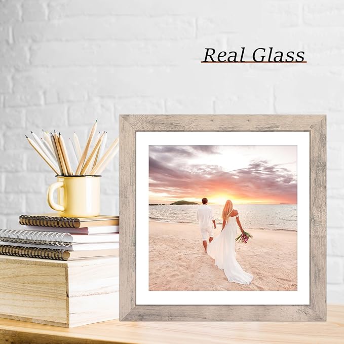 12x12 Picture Frame Set of 4 with Tempered Glass, Smoke Gray Frame Display 10x10 Picture with Mat or 12 x 12 Without Mat, Wood Square Photo Frames for Desktop Display and Wall Mounting