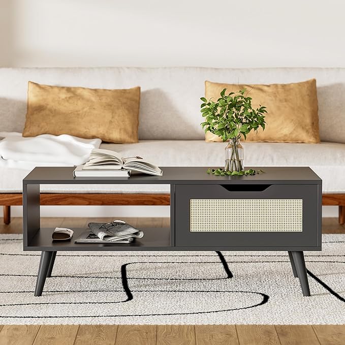 Black Rattan Coffee Table, Mid Century Modern with Drawer & Shelf, 39'' Wooden Boho Coffee Table for Living Room