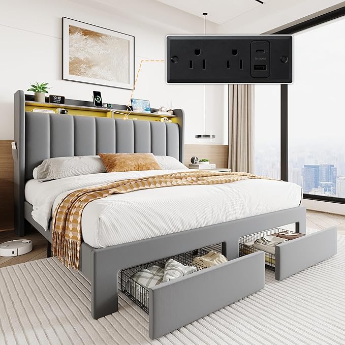 SHA CERLIN Velvet Full Size Bed Frame with Vertical Channel Tufted Wingback Headboard & 2 Storage Drawers/2-Tier Shelves with LED Lights & Charging Station/Noise-Free/No Box Spring Needed/Light Grey
