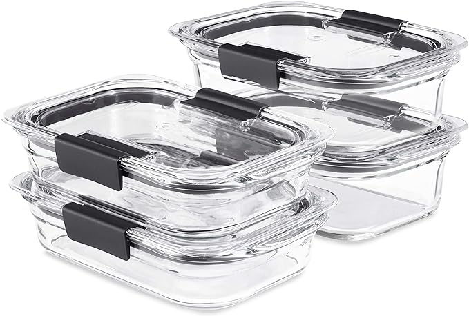 Rubbermaid Brilliance Glass Food Storage set of 4 containers 8 total pieces (4 containers + 4 lids) for Lunch Meal Prep and Leftovers Dishwasher and Oven Safe Clear/Grey