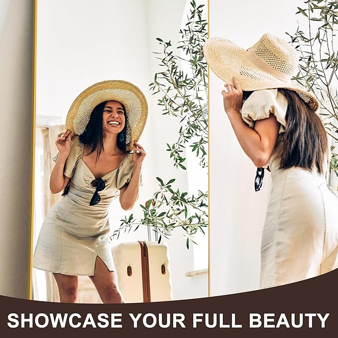 Delma Full Length Standing Mirror,Large Floor Mirror with Aluminum Frame for Bedroom, Bathroom, Living Room,Wall Mount or Freestanding Design(with Stand,Rect 75x35-Gold)