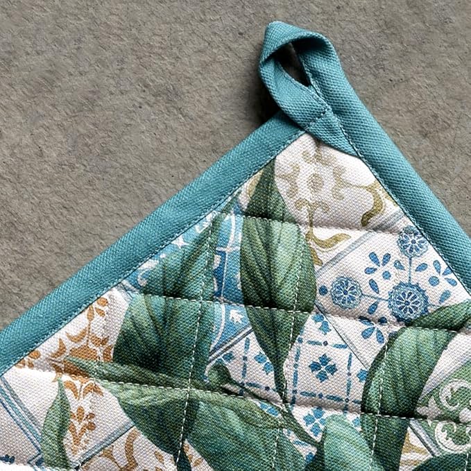 Maison d' Hermine Pot Holders Set 100% Cotton Heat Resistant Potholders 8" x 8" Hot Pads with Loop BBQ, Cooking, Baking, Grilling, Kitchen, Handling Hot Pans Spring/Summer (Pack of 2, Agrume)