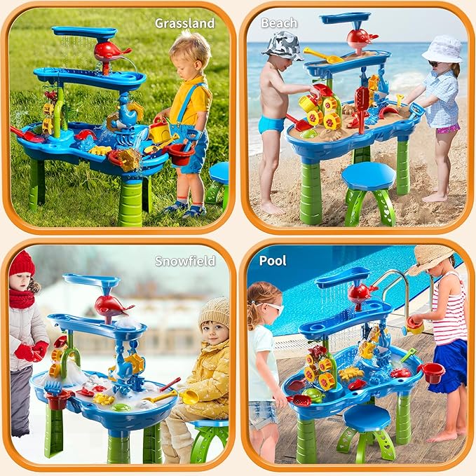 3-Tier Kids Water Table for Toddlers Kids Ages 3-5 4-8, Summer Outdoor Water Table Beach Kids Toys, Toddler Sensory Activity Sand Box Play Set with Rain Showers Splash Pond for Boys Girls