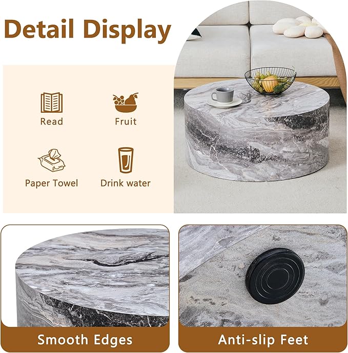 Modern Coffee Table,27.5Inch Round Top Tea Table,Living Room Center Table with Texture for Living Room,Office,Apartment