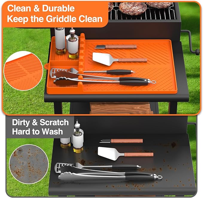 Silicone Griddle Tools Mat for Blackstone, Griddle Accessories Side Shelf Mat Grill Pad for Outdoor Grill Kitchen Counter Spatula Silicone Mat with Drip Pad (Orange)