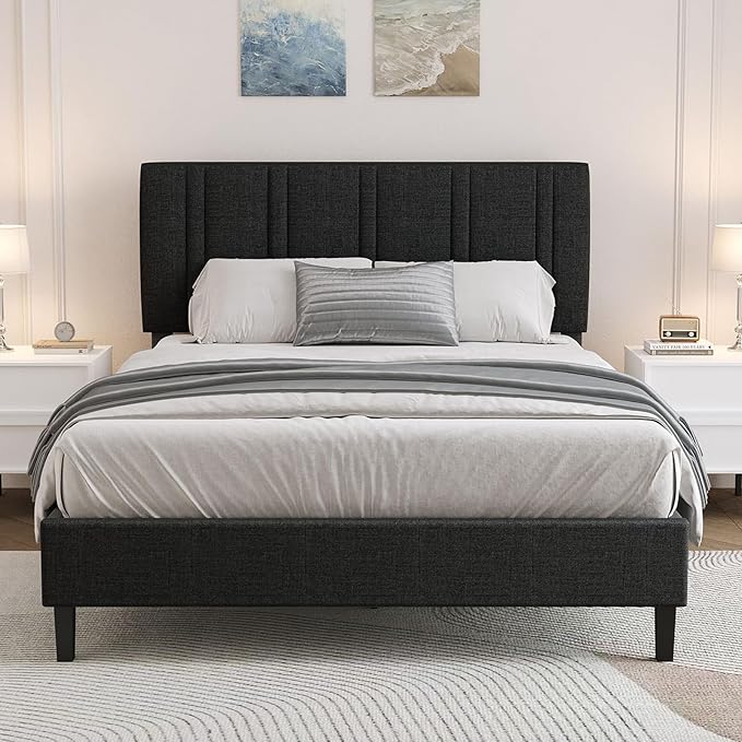 Queen Upholstered Platform Bed with Headboard and Storage, Fabric Queen Size Beds with Wooden Slats Support, No Box Spring Required, Easy Assembly, Black