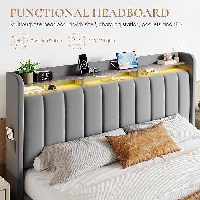 SHA CERLIN Velvet King Size Bed Frame with Vertical Channel Tufted Wingback Headboard & 2 Storage Drawers/2-Tier Shelves with LED Lights & Charging Station/Noise-Free/No Box Spring Needed/Light Grey