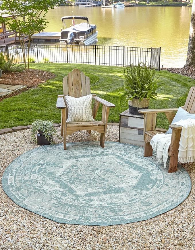 Unique Loom Outdoor Traditional Collection Area Rug - Valeria (10' Round, Aqua/ Ivory)