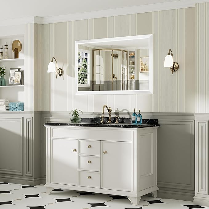 48x30 Inch White Bathroom Mirror for Wall, Thick Metal Framed Rectangle Mirrors for Over Sink, Bedroom, Living Room, Entryway, Anti-Rust, HD Tempered Glass