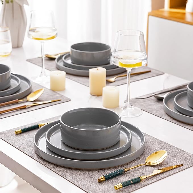 AmorArc Ceramic Dinnerware Set for 8 | Speckled Stoneware Plates and Bowls with Rustic Terracotta Underside| Scratch Resistant,Dishwasher & Microwave Safe Dishes Sets- 24pcs Gray