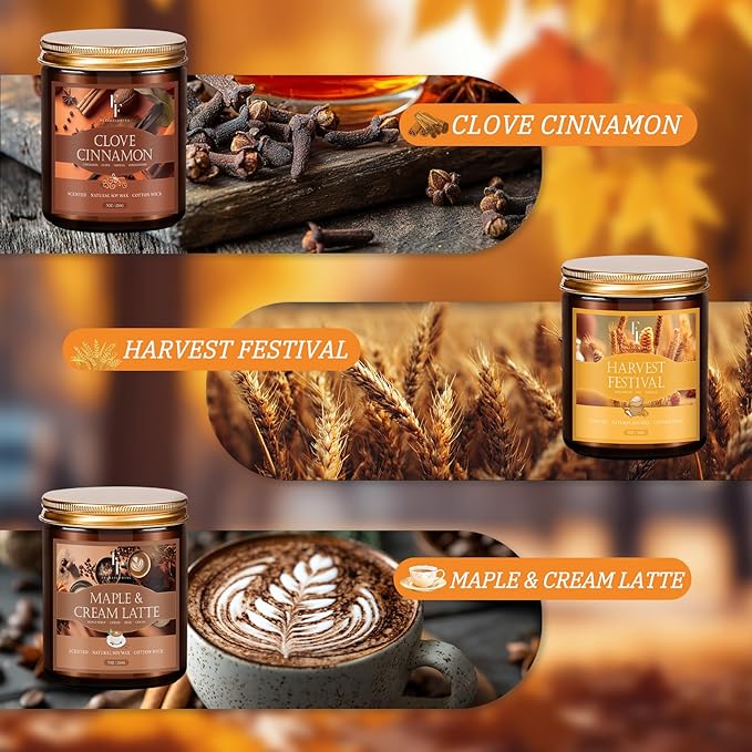 Fall Candles Set, 6 Pack Candles for Home Scented Natural Soy Wax, Autumn Gifts Set for Women Men, Fall Fragrance of Pumpkin/Cinnamon/Vanilla Cupcake/Apple/Harvest/Latte