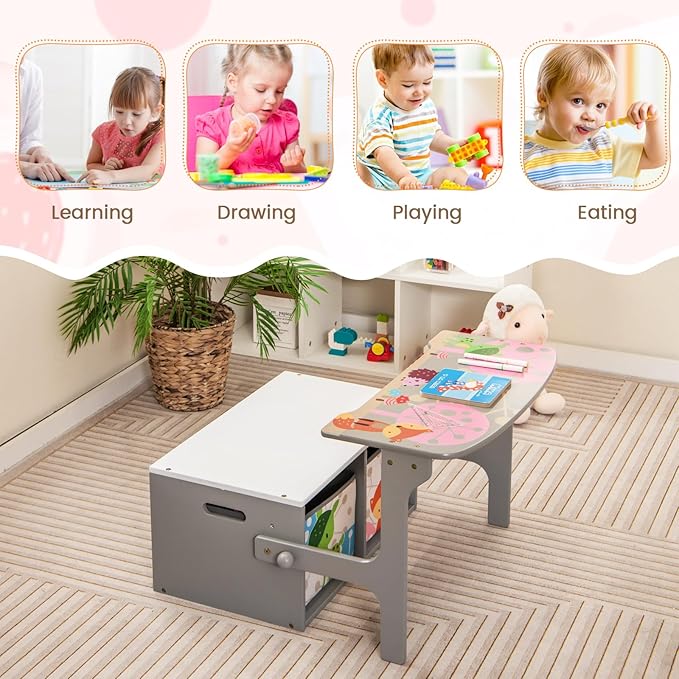 HONEY JOY Kids Table and Chair Set, 3-in-1 Convertible Wooden Toy Storage Bench with Handle, 2 Bins for Kids Reading Nook, Toddler Table and Chair Set for Daycare Playroom Classroom (Gray)