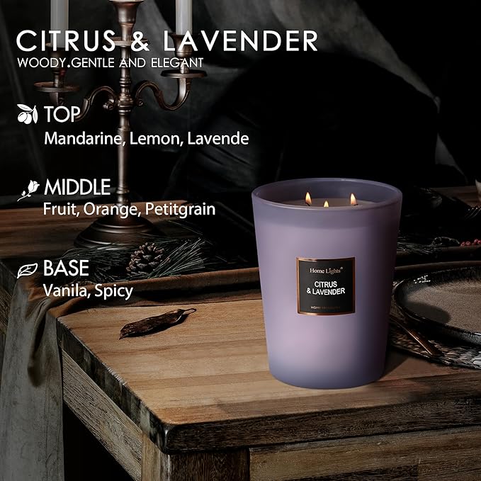 HomeLights Scented Candles - Large Jar Aromatherapy, Natural Soy Wax, 130 Hour Long Burning, Citrus & Lavender