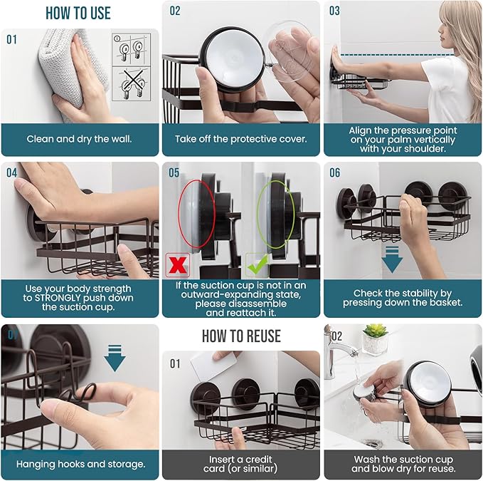 TAILI 2 Pack Powerful Suction Cup Shower Caddy Corner-adaptive, Stainless Steel Rustproof Shower Shelves with Hook, Drill-Free Wall Suction Baskets, Large Capacity Removable Bathroom Organizer, Brown