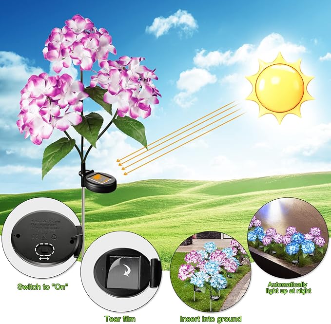 Solar Flowers Lights - Outdoor Waterproof Hydrangea Stake, Solar Flower Decor for Patio, Courtyard, Garden Lawn (Blue & Purple)