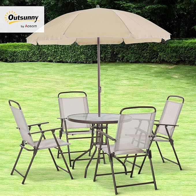 Outsunny 6 Piece Patio Dining Set for 4 with Umbrella, Outdoor Table and Chairs with 4 Folding Dining Chairs & Round Glass Table for Garden, Backyard and Poolside, Beige