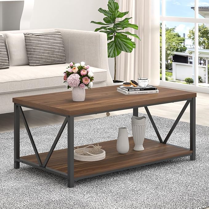 FOLUBAN Coffee Table, Modern Center Table with Storage Shelf, Rustic Wood and Metal Cocktail Table for Living Room, 39.3 Inch Walnut