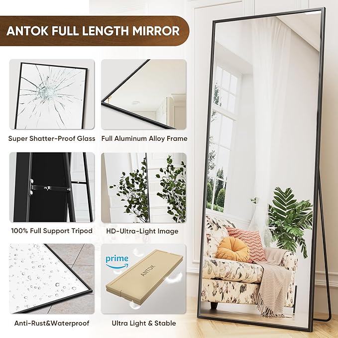 Antok Full Length Mirror, 71"x28" Floor Mirror with Stand, Hanging Mounted Mirrors for Bedroom, Living Room, Cloakroom, Dining Room, Black, Rect