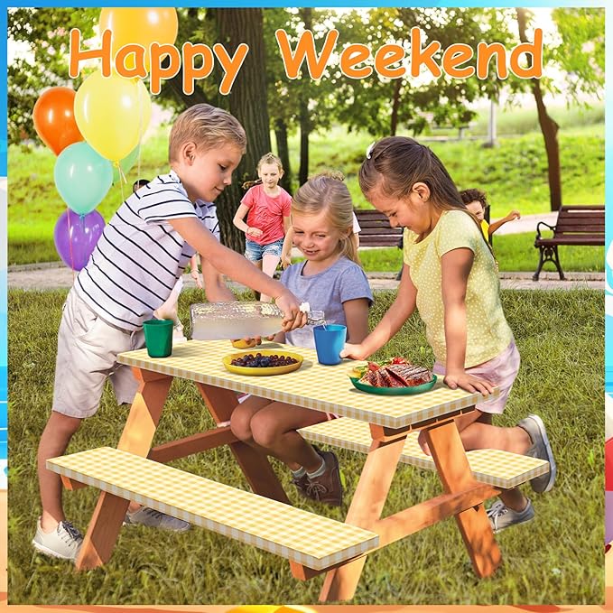 33" L x 20" W x 3" H Yellow Grid Picnic Table Cover for Kids, Fitted Tablecloth for Outdoors Oxford Cloth Waterproof Cloth for Camping Home Goods Indoor Outdoor Patio BBQ