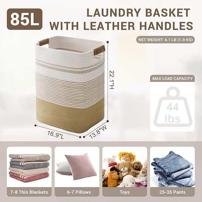 Laundry Hamper 85L Large Blanket Storage, Basket Blankets Living Room, Toys, Towel, Dirty Clothes in Bathroom, Bedroom, Tall Laundry Basket with Leather Handles, 17"x14"x22", Khaki