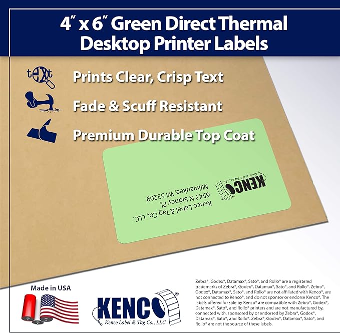 4" X 6" Direct Thermal Perforated Stickers Labels for Shipping Labels, Inventory, and Color Coding - Compatible with Zebra, Rollo, Godex and More (Green, 6 Rolls)
