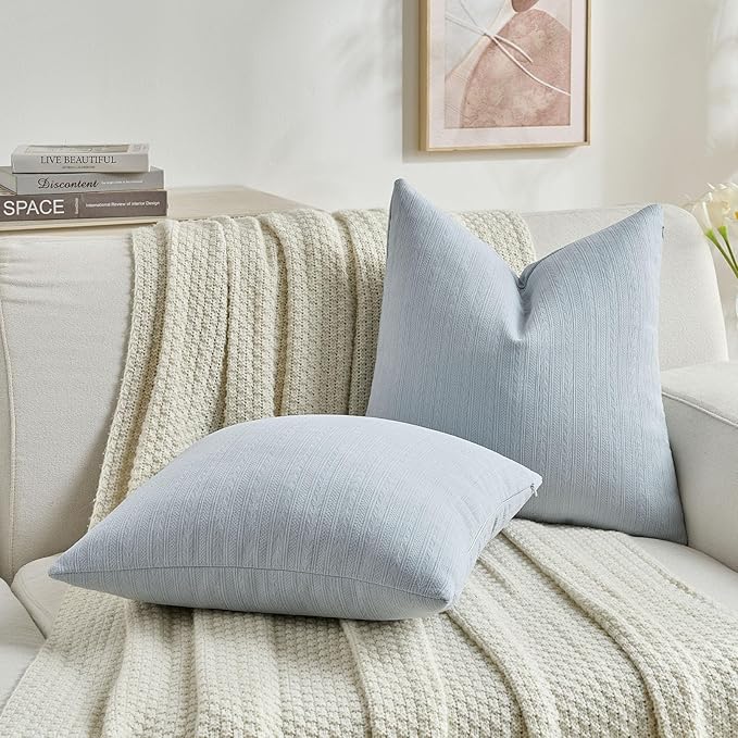 FUTEI Light Blue Decorative Throw Pillow Covers 16x16 Inch Set of 2,Soft Cozy Wheat Ear Striped Patterns Cushion Cases,Modern Home Decor for Couch Bed Living Room