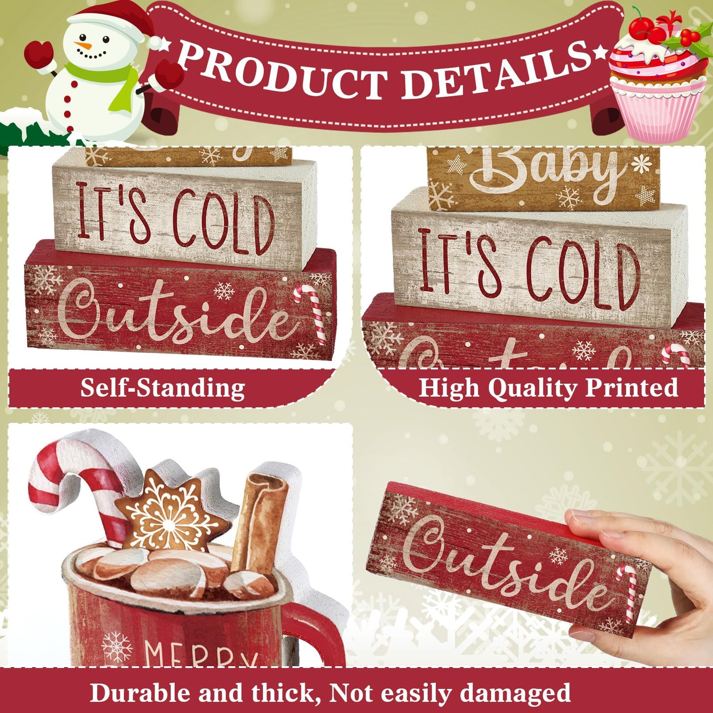 Moucuny 4 Pcs Christmas Table Decor Wooden Hot Cocoa Decoration Christmas Centerpiece Winter Tiered Tray Decor Decorative Red Hot Cocoa Block Signs Gift Farmhouse Xmas Decoration for Home Kitchen