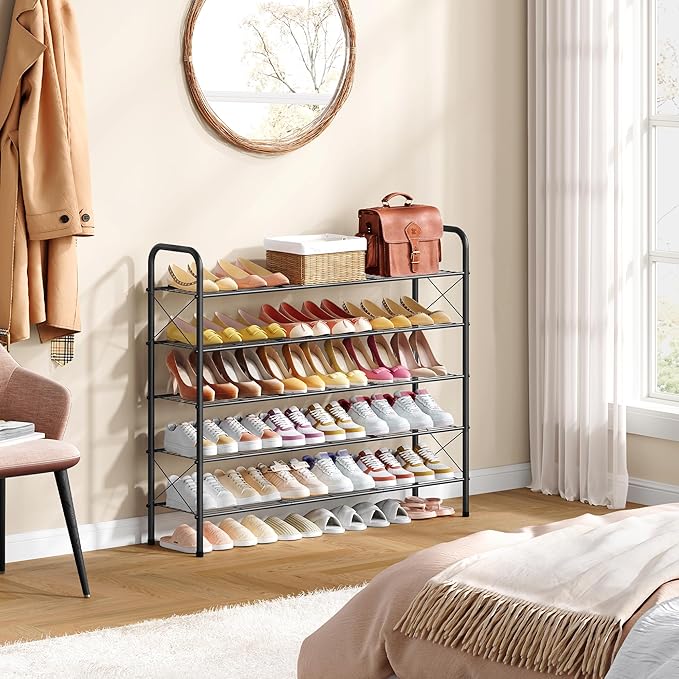 Hoctieon 5 Tier Mesh Style Shoe Rack, Entryway Shoe Shelf, Shoe Storage Organizer, Shoe Rack for Closet, Space Save for Bathroom, Garage, Hallway, Bedroom, Living Room, Black