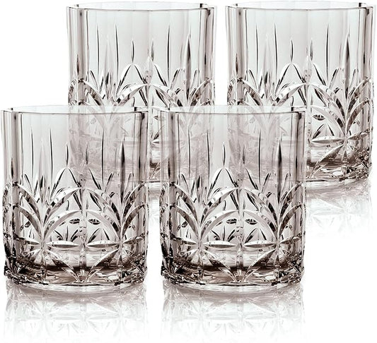 BELLAFORTE Shatterproof Tritan Plastic Short Tumbler, Set of 4, 13oz - Myrtle Beach Unbreakable Crystal Cut Old Fashioned Drinking Glasses for Whiskey - BPA Free - Dishwasher Safe - Grey