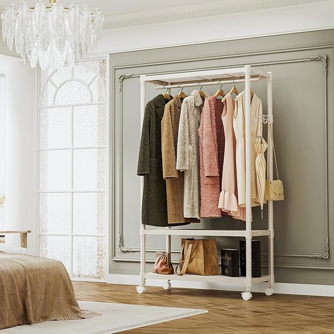 IZEUK Heavy Duty Clothing Rack with Wheels, Rolling Closet Organizer and Garment Rack for Hanging Clothes with 1 Hang Rods & Side Hooks, Metal Wardrobe, 17.7" D x 33.5" W x 70.3" H, Gold