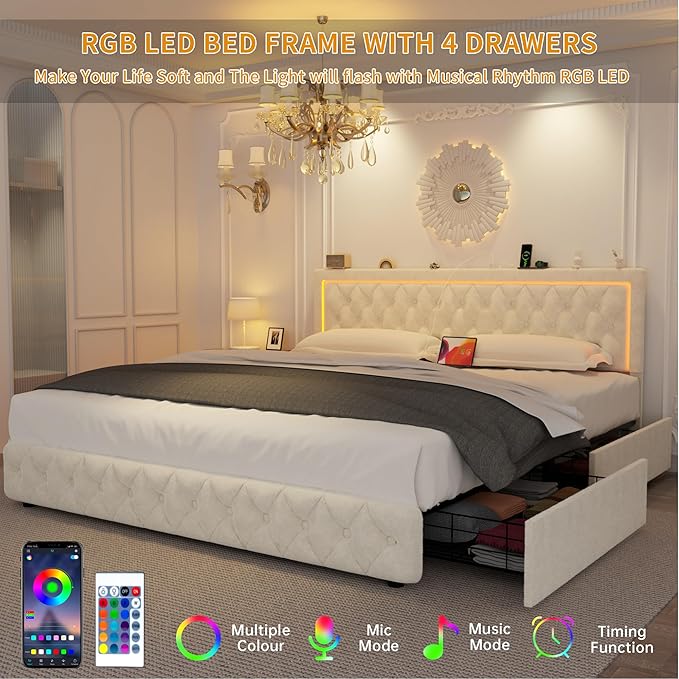 Full Bed Frame with 4 Storage Drawers, Velvet Upholstered Bed Frame Full Size with Charging Station and LED Lights, 46" Adjustable Button Tufted Headboard, No Box Spring Needed, Beige