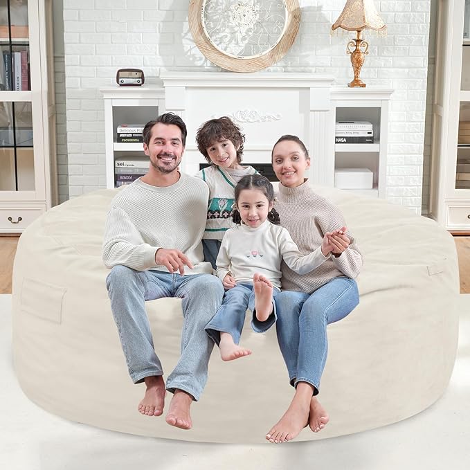 6FT Bean Bag Chair, Large Bean Bag Chairs with Memory Foam Filled, Fluffy Beanbag Sofa with Dutch Velvet Cover, Round BeanBag Chairs for Living Room, Playroom- Beige