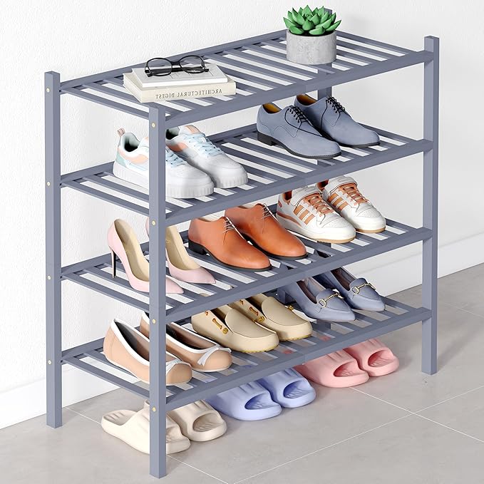 Smiry Bamboo Shoe Rack for Closet, 4 Tier Wooden Stackable Shoe Organizer, Free Standing Shoes Storage Shelf for Entryway, Front Door Entrance, Grey