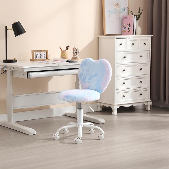 Kmax Kids Reading Chair, Rolling Cute Desk Chair for Girls Swivel Office Chair with Wheels & Heart Back Adjustable Childrens Vanity Chair for Bedroom Reading Room - Fur, Baby Blue