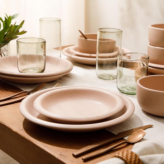 Bloomhouse Corsica Clay 12 Piece Stoneware Rustic Reactive Glaze Dinnerware Set - Stackable Plates and Bowls Set. Service for 4 - Matte Prosecco Blush Pink