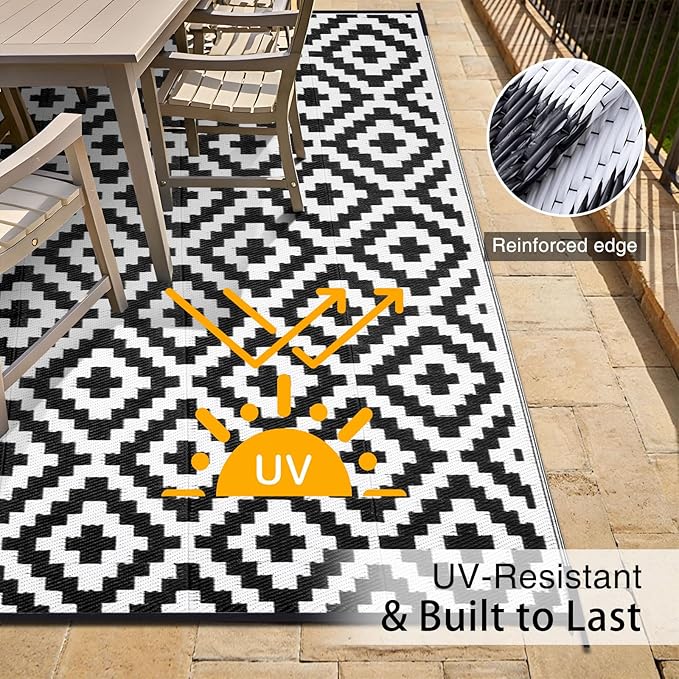 OLANLY Waterproof Outdoor Rug 10x14 ft, Outdoor Plastic Straw Rug for Camping, RV Mat Outside, Indoor Outdoor Carpet for Porch, Deck, Backyard, Balcony, Picnic, Black & White
