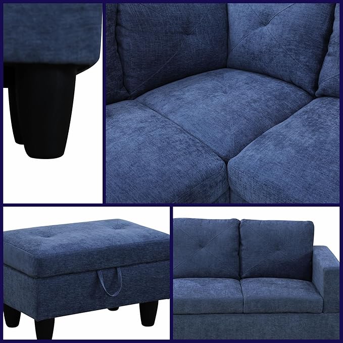 L-Shaped Sectional Sofa with Movable Chaise & Storage Ottoman, Lounge 3-Piece Modular Convertible Couches for Living Room, Apartment & Office, Blue