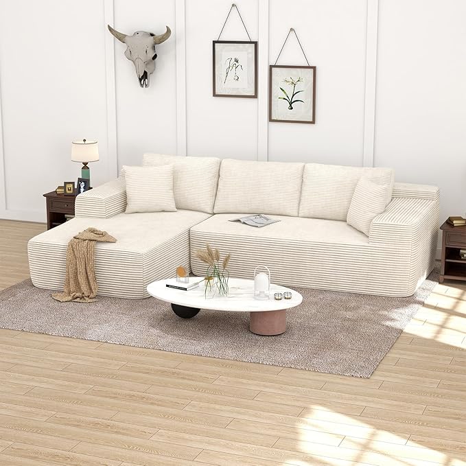 OC Orange-Casual 106.3" Cloud Sectional Couch with L-Shape Chaise,No Assembly Required Modular Sofa,Upholstered Boneless Couches for Living Room, Plush Corduroy Fabric (White, Left Facing Chaise)
