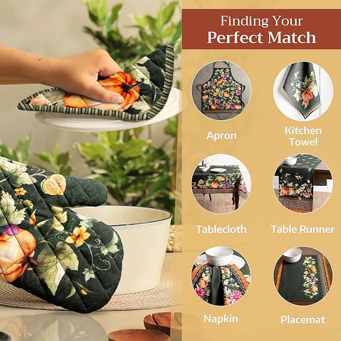 Maison d' Hermine Oven Gloves 100% Cotton Oven Mitt 7" x 13" with Loop Heat Resistant Cooking Gloves for Thanksgiving Christmas Decorations Handling Hot Pans (Pack of 1, Pumpkin Garden - Dark Green)