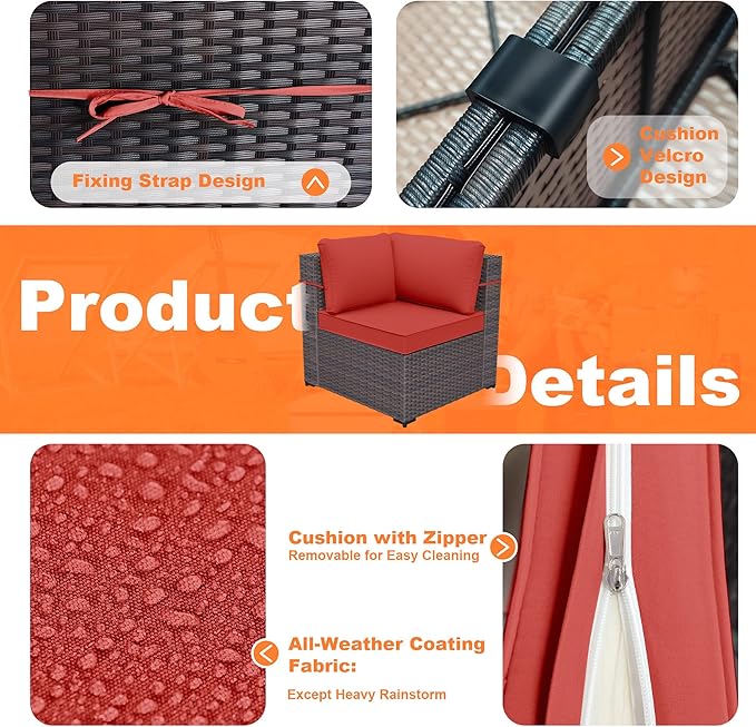 Kurapika 13 Pieces Patio Furniture Set, Rattan Wicker Outdoor Conversation Sets w/43in Propane Fire Pit Table and 4 Inch Cushion(Red)